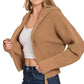Zenana Ribbed Collared Zip Up Sweater Cardigan Camel - DAVERRI FASHIONS