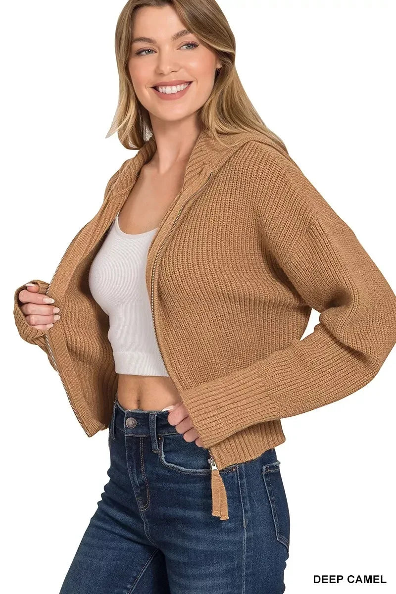 Zenana Ribbed Collared Zip Up Sweater Cardigan Camel - DAVERRI FASHIONS
