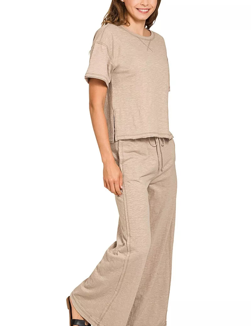 Zenana Cotton Slub Short Sleeve Tee and Pants Set | Daverri Fashions