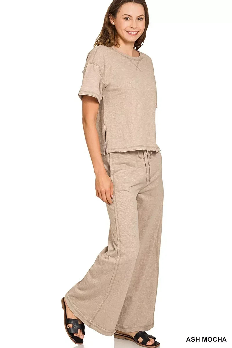 Zenana Cotton Slub Short Sleeve Tee and Pants Set - DAVERRI FASHIONS