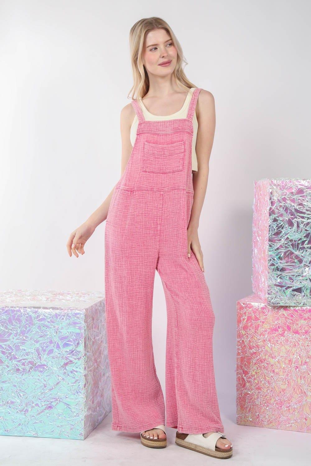 VERY J Texture Washed Wide Leg Overalls Jumpsuits