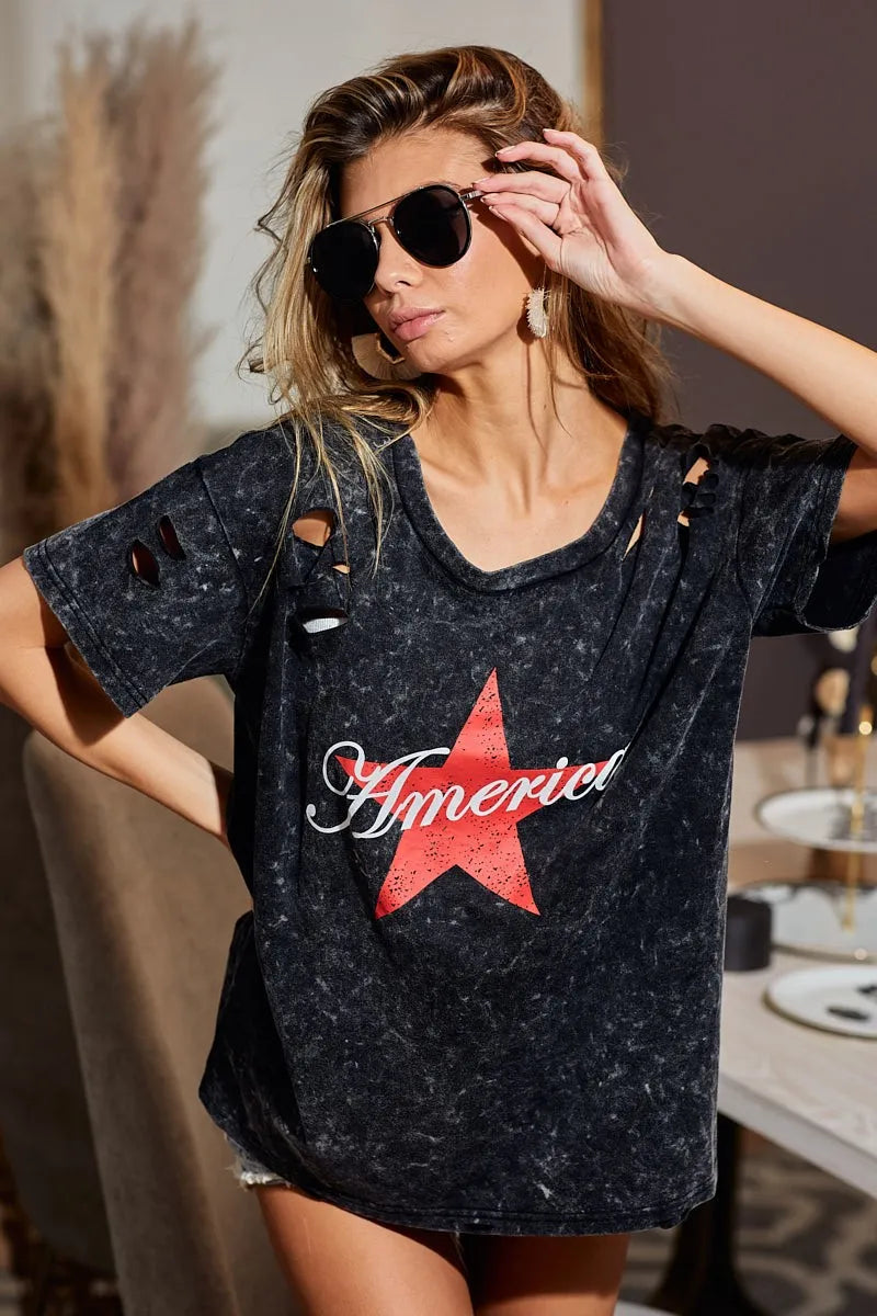 BiBi Laser Cut Mineral Washed Jersey Top with America Tops