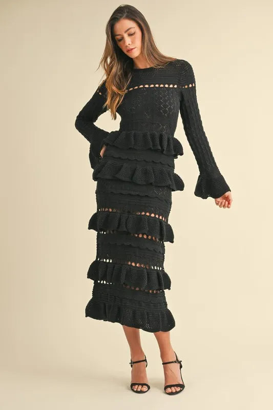 MABLE Long Sleeve Tiered Ruffle Knit Midi Dress BLACK