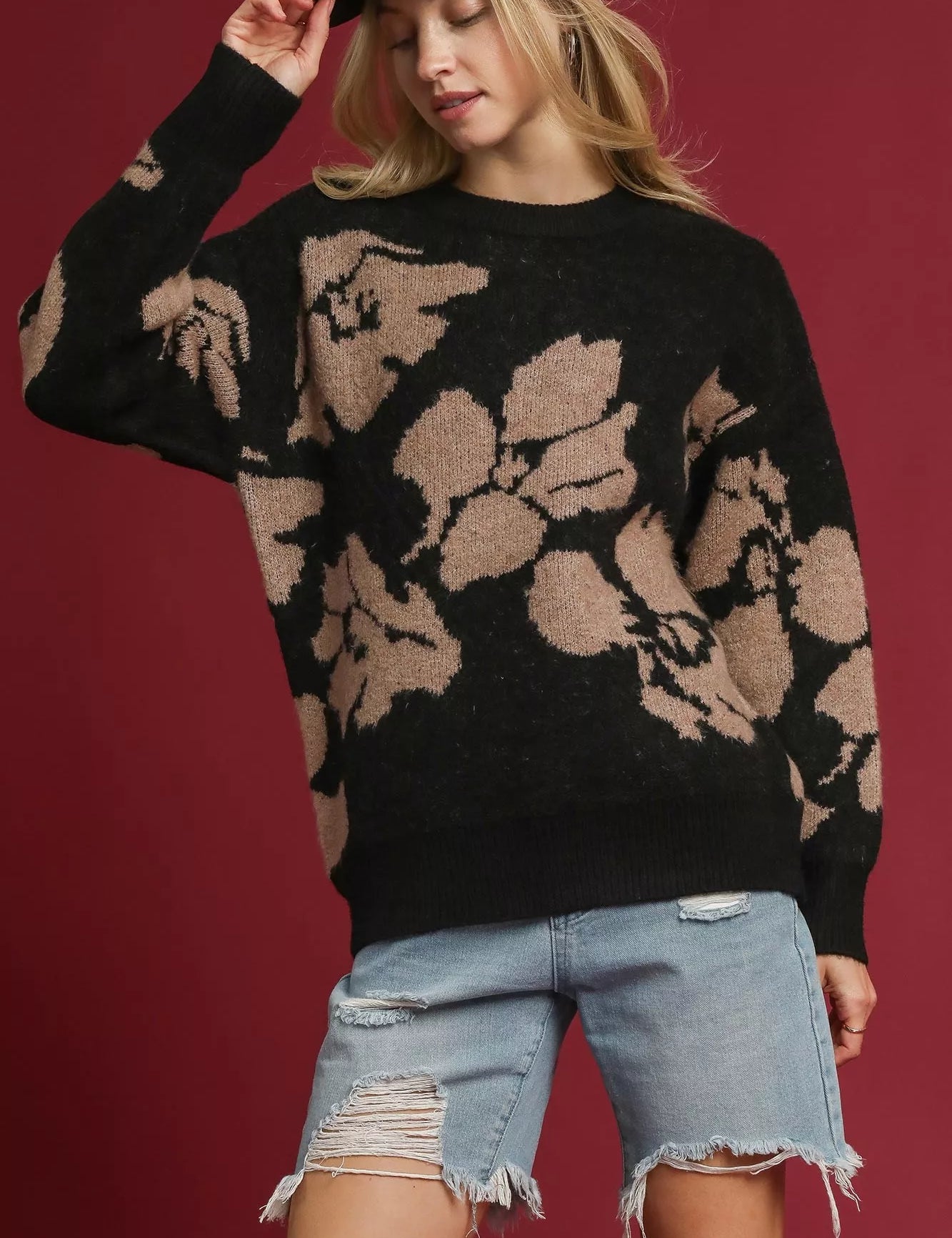 BLACK TAUPE Umgee Floral Long Sleeve Sweater Black | Sweaters Daverri Fashions