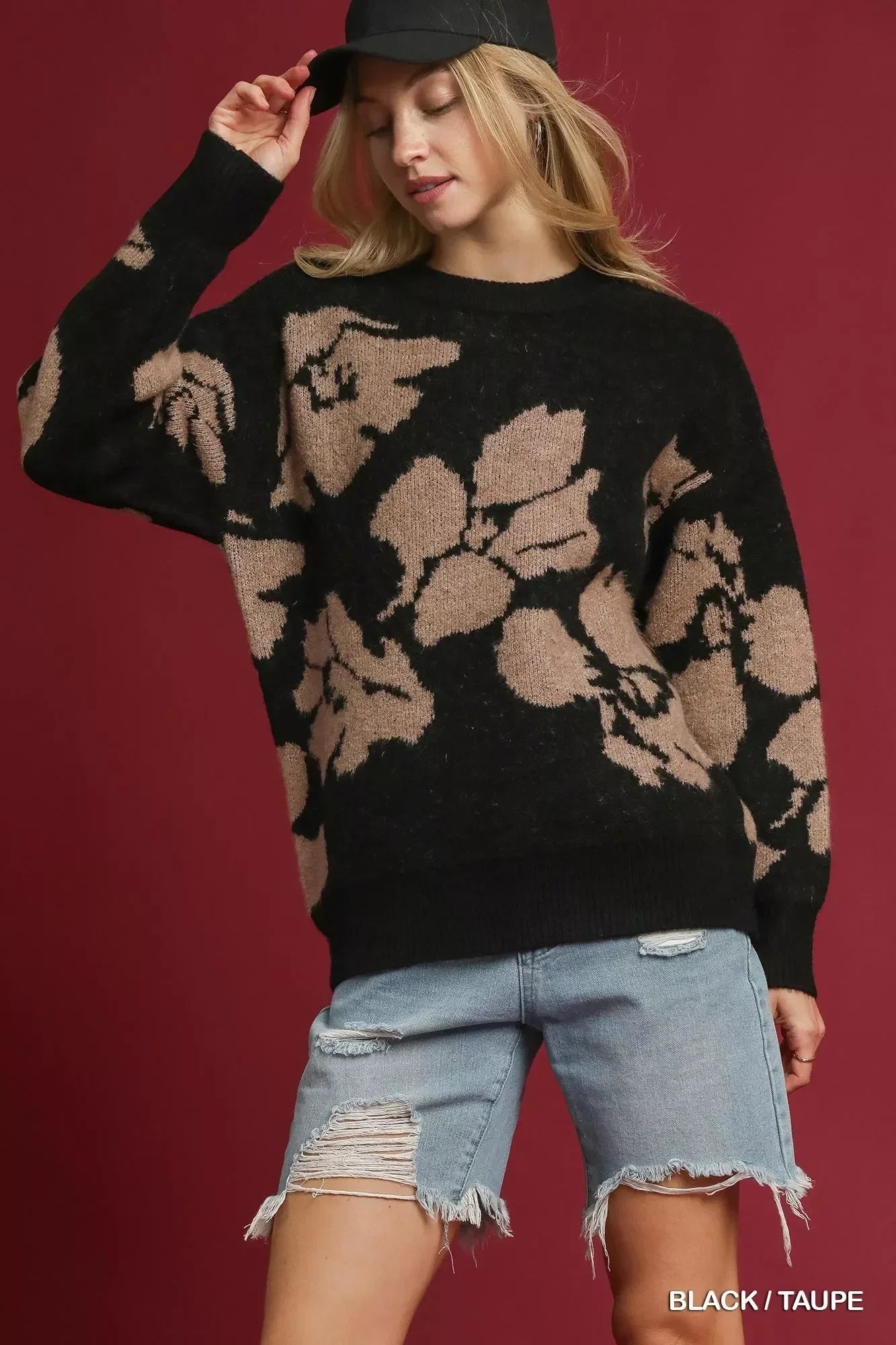 Umgee Floral Long Sleeve Sweater Black - DAVERRI FASHIONS