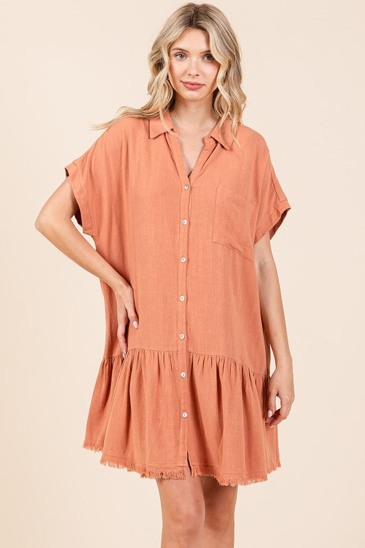 Mittoshop Ginger Linen Blend Button Down Shirt Mini Dress GINGER Mini Dresses