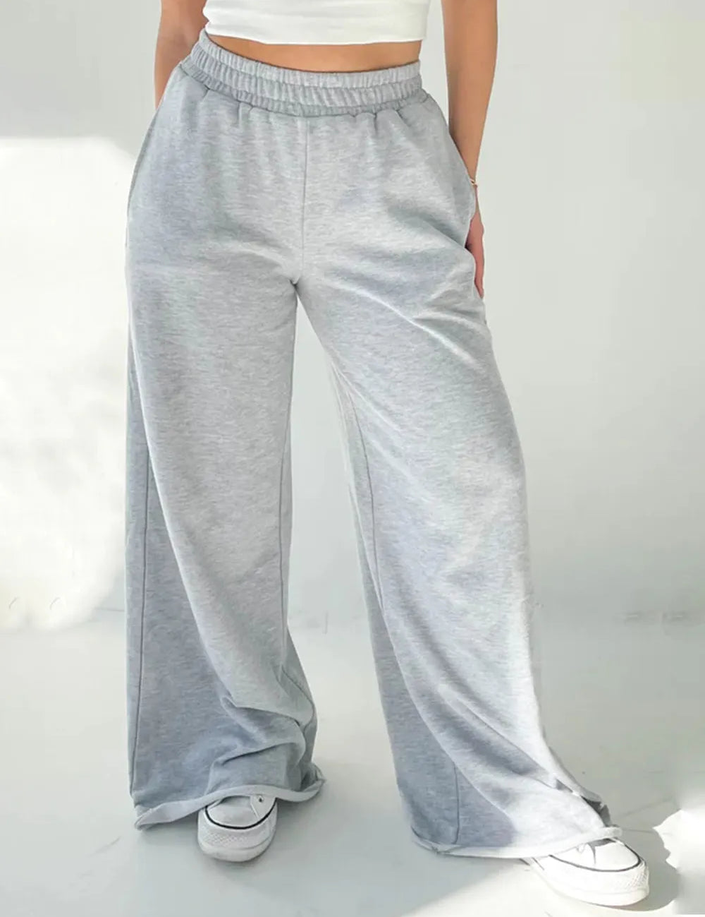 Light Gray Elastic Waist Wide Leg Pants | Pants Daverri Fashions