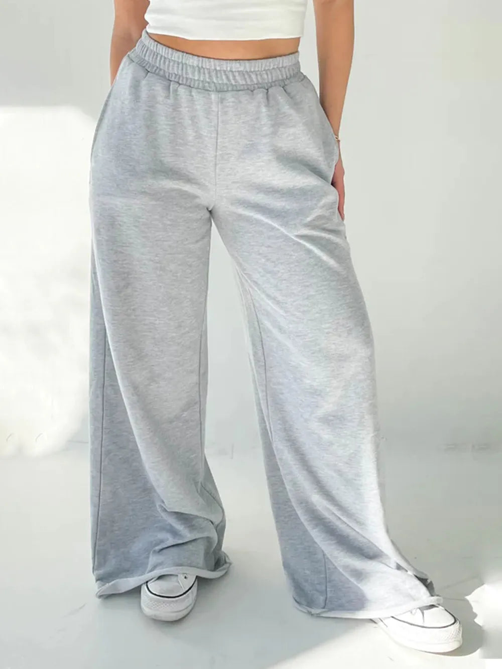 Light Gray Elastic Waist Wide Leg Pants | Pants Daverri Fashions
