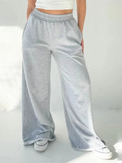 Light Gray Elastic Waist Wide Leg Pants | Pants Daverri Fashions