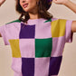 Vibrant SO ME Mardi Gras Check Plaid knit sweater in lavender, purple, green, and yellow