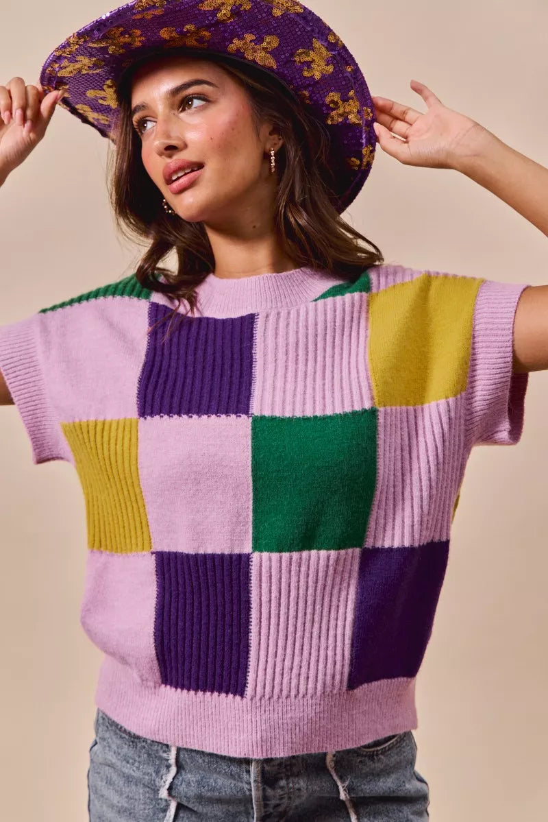 Vibrant SO ME Mardi Gras Check Plaid knit sweater in lavender, purple, green, and yellow
