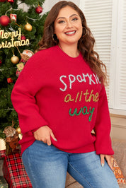Racing Red Sparkle All The Way Tinsel Crew Neck Plus Size Sweater | Plus Size/Plus Size Sweaters & Cardigans Daverri Fashions
