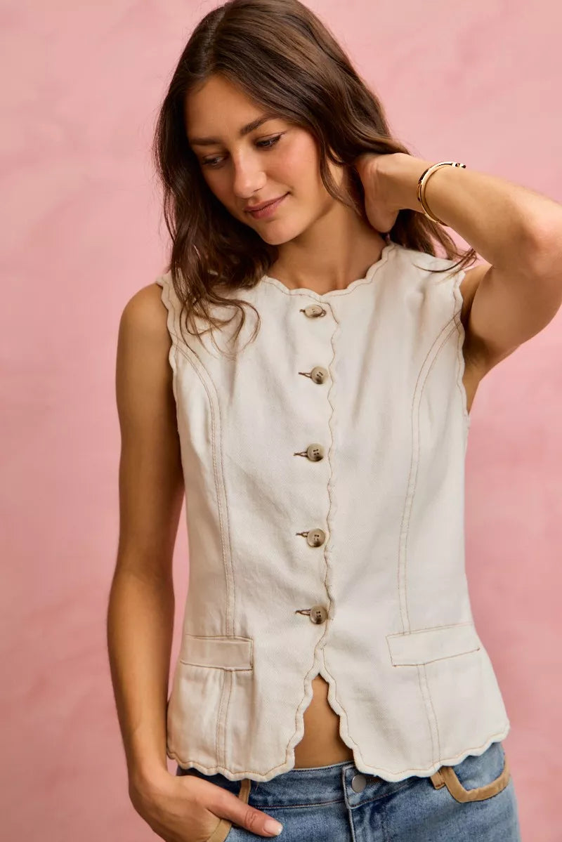 SO ME scalloped edge cotton twill washed vest top in cream