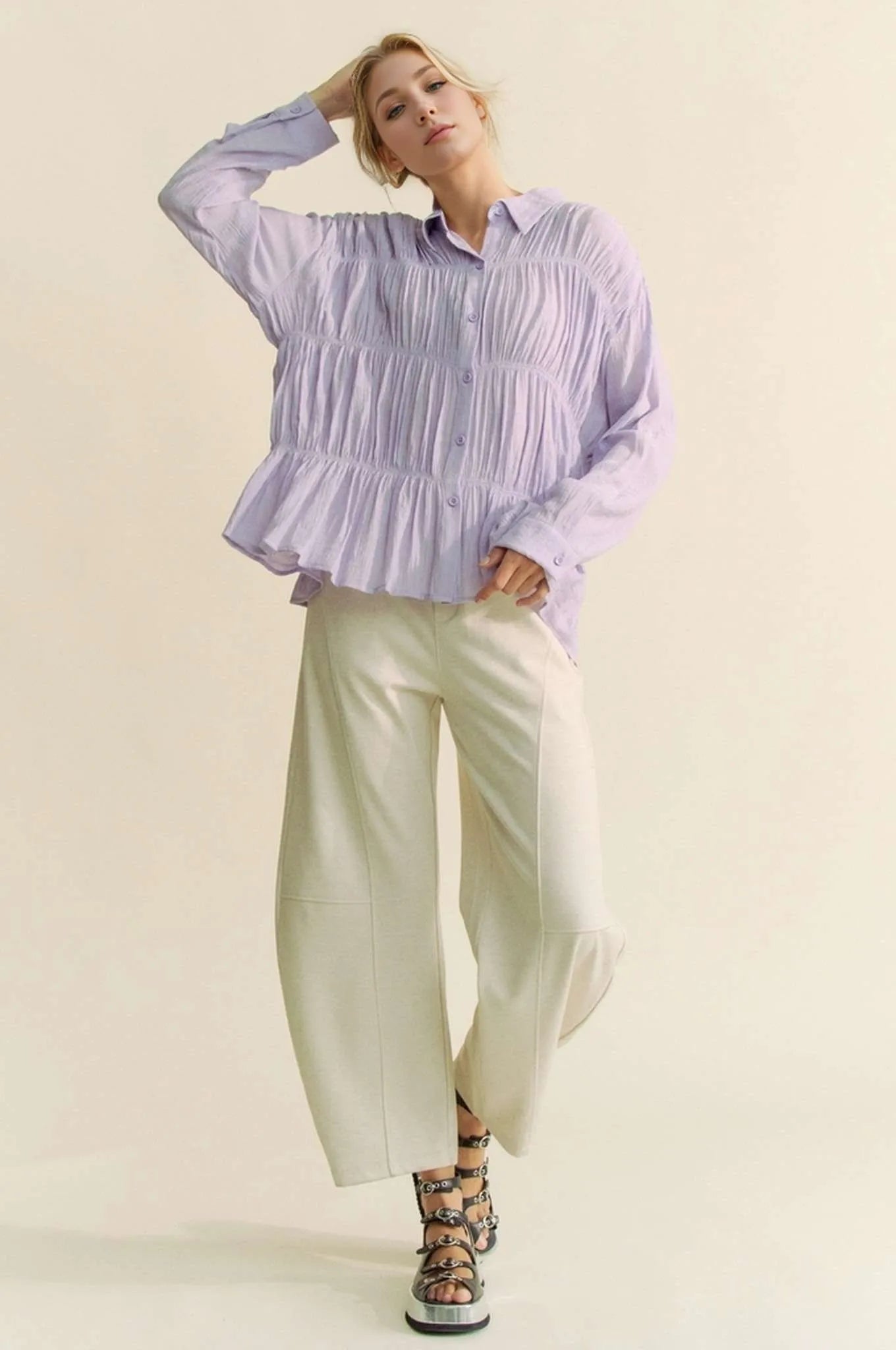 Davi & Dani Ruched All Over Button Front Shirt | Shirts Daverri Fashions