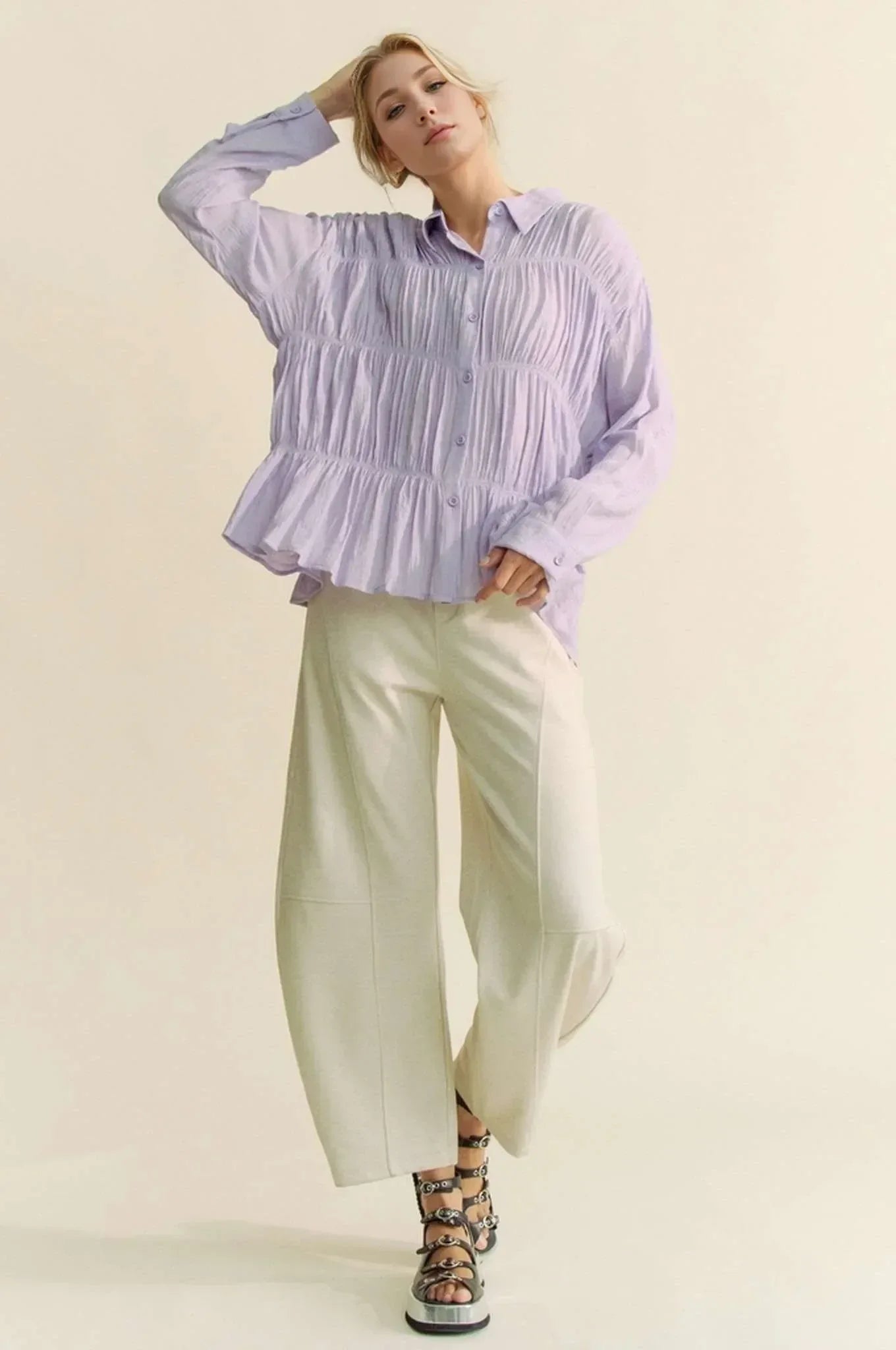 Davi & Dani Ruched All Over Button Front Shirt - DAVERRI FASHIONS