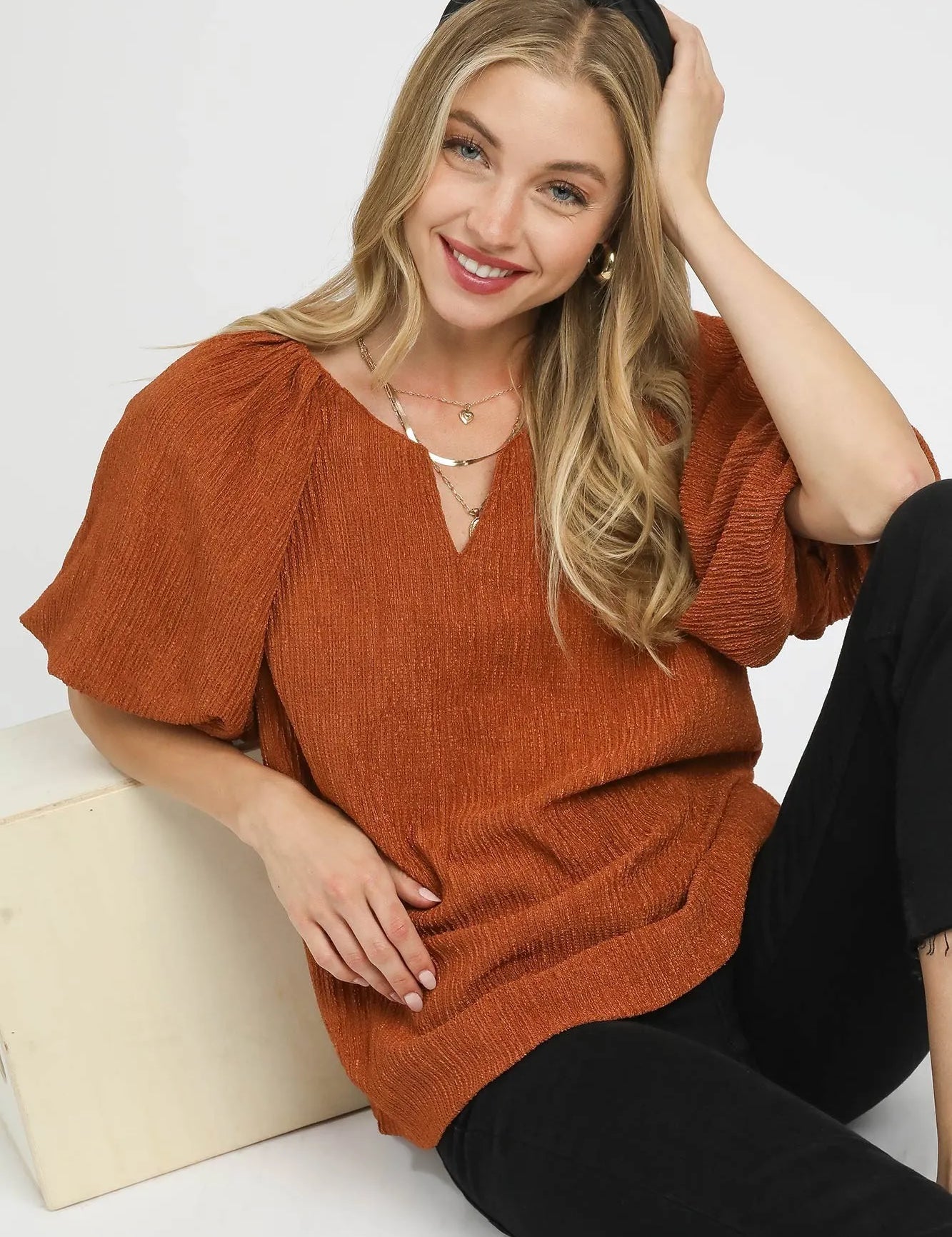 Umgee Textured Flutter Sleeve Notch Neck Top Rust | Blouses Daverri Fashions