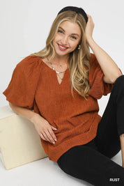 Umgee Textured Flutter Sleeve Notch Neck Top Rust | Blouses Daverri Fashions