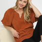 Umgee Textured Flutter Sleeve Notch Neck Top