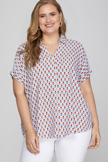 She + Sky Full Size Printed Johnny Collar Short Sleeve Blouse Plus Size - DAVERRI FASHIONS