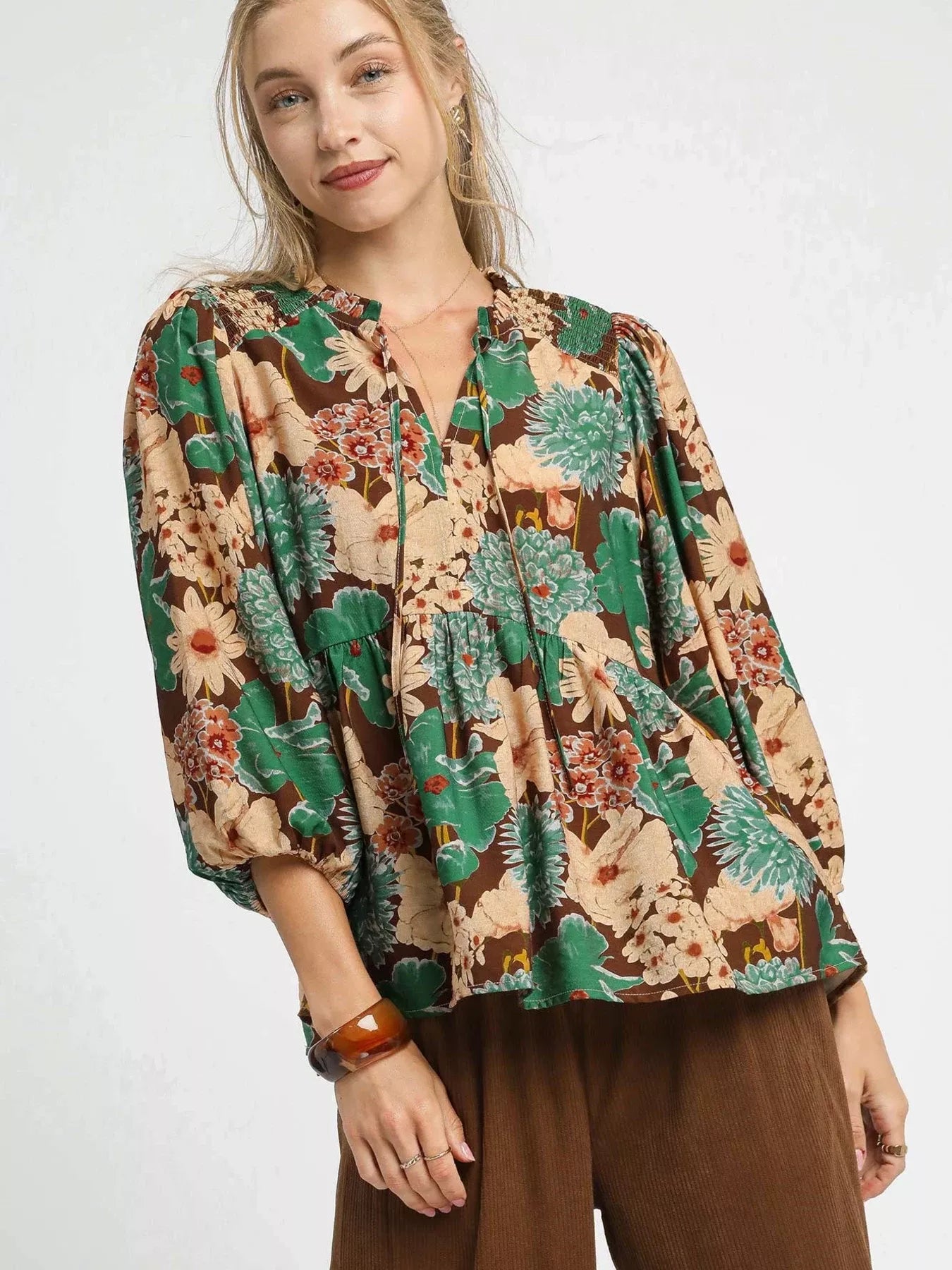 BROWN MIX Umgee Mix Floral Peplum Blouse with Tie Neck | Blouses Daverri Fashions