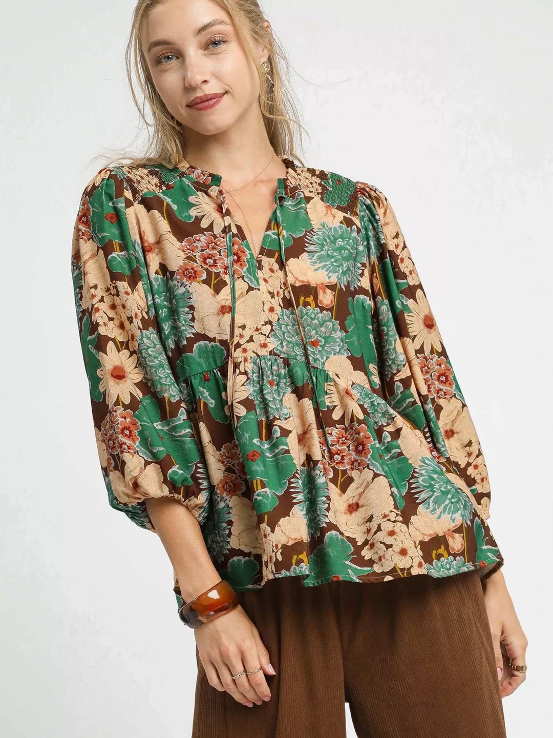 BROWN MIX Umgee Mix Floral Peplum Blouse with Tie Neck | Blouses Daverri Fashions