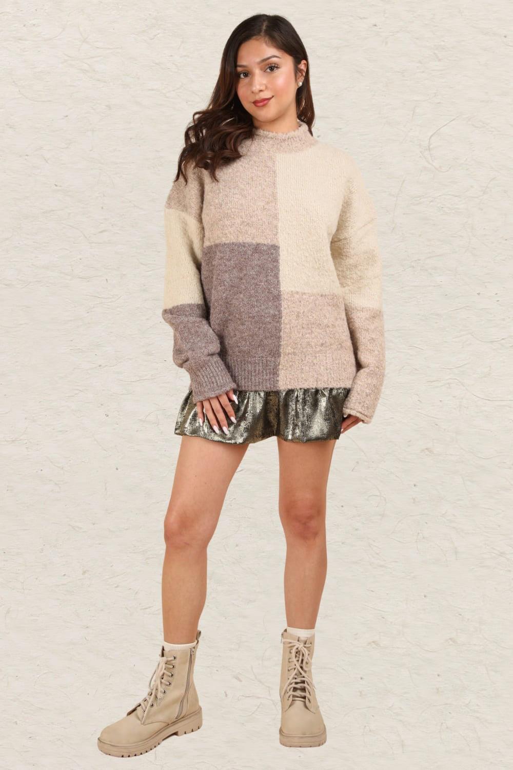 VERY J Color Block Mock Neck Drop Shoulder Sweater Sweaters