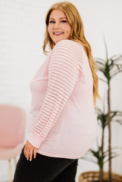 Plus Size Sheer Striped Sleeve V-Neck Top | Tops Daverri Fashions