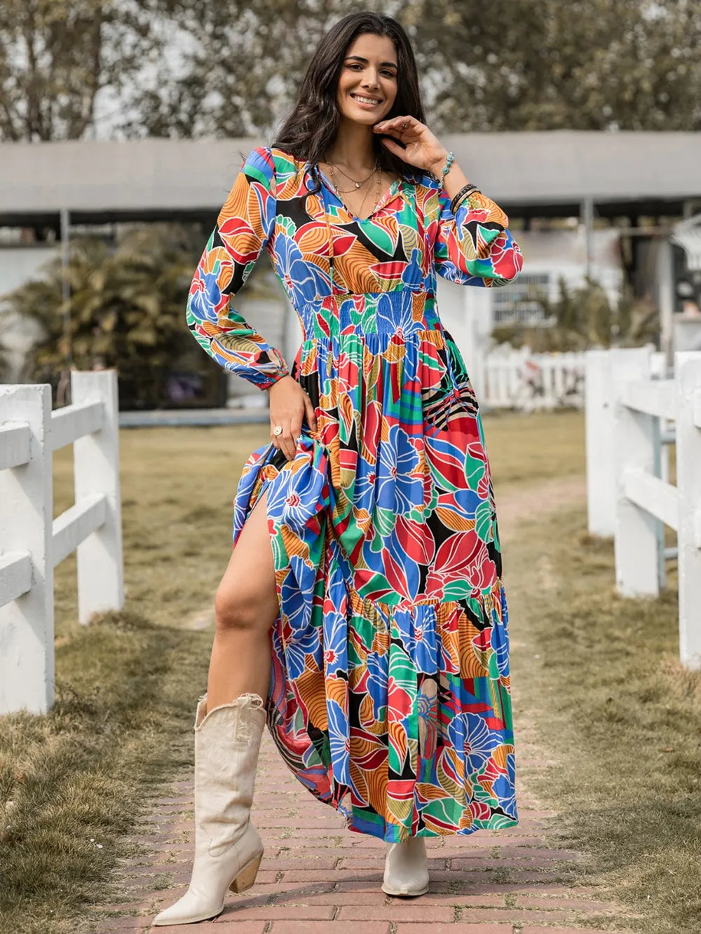 Printed smocked tie neck balloon sleeve floral maxi dress