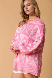 Double Take Full Size Checkered Bow Contrast Long Sleeve Sweater | Sweaters Daverri Fashions