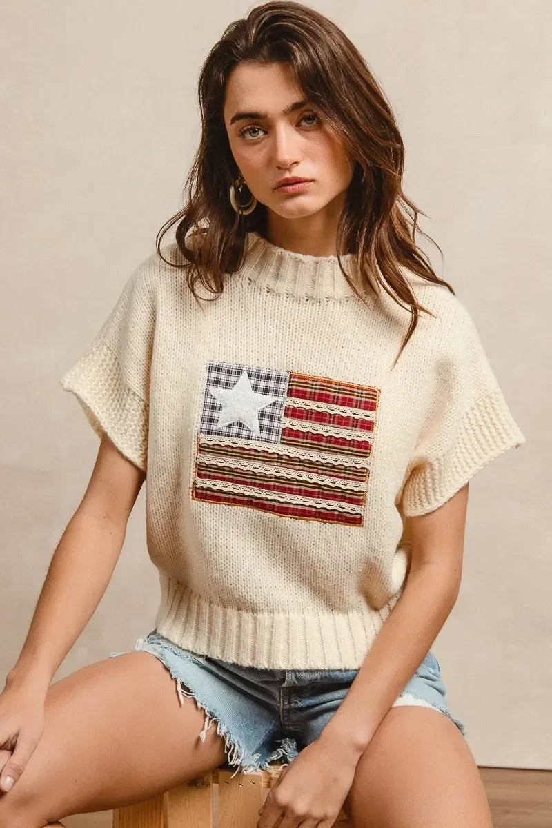 BiBi American Flag Patchwork Drop Shoulder Sweater - DAVERRI FASHIONS