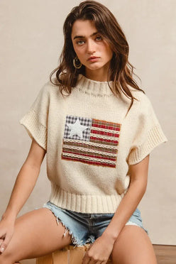 BiBi American Flag Patchwork Drop Shoulder Sweater - DAVERRI FASHIONS