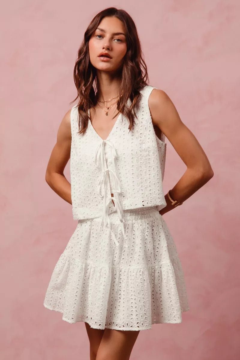 SO ME white floral eyelet lace tie front vest top and tiered mini skirt set