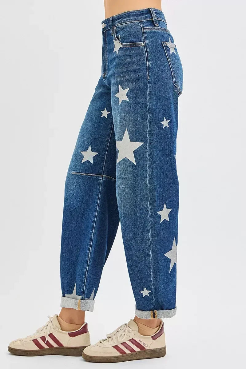 RISEN Mid Rise Ankle Length Relaxed Barrel Star Printed Jeans - DAVERRI FASHIONS