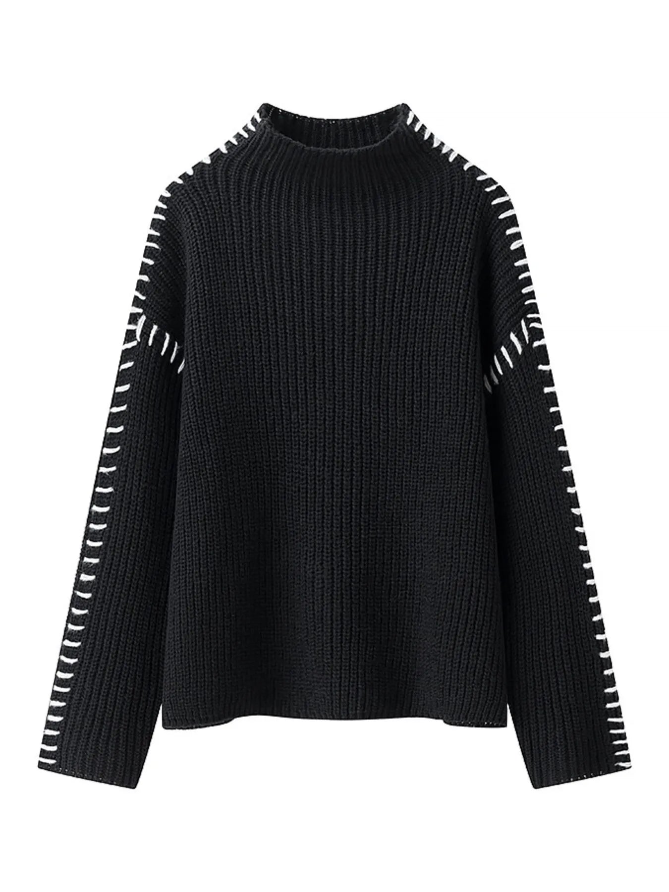 Black ribbed Contrast Mock Neck sweater with white geometric sleeve pattern