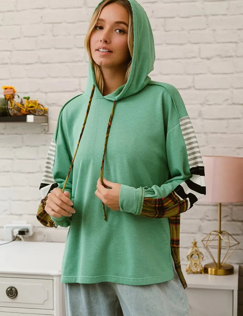 BiBi Plaid With Stripes Mix Match French Terry Hoodie | Hoodies Daverri Fashions