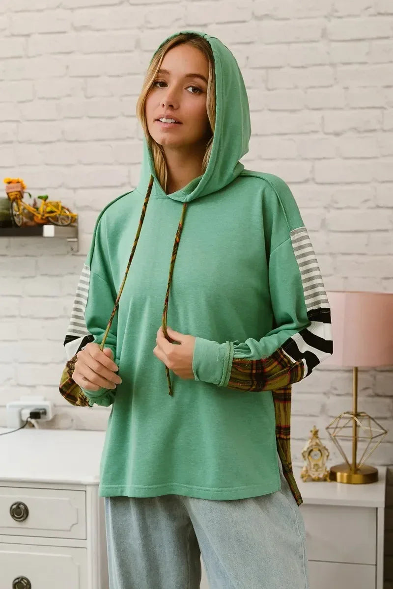 BiBi Plaid With Stripes Mix Match French Terry Hoodie - DAVERRI FASHIONS
