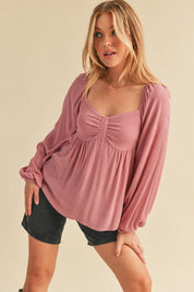 Aemi + Co Ruched Sweetheart Neck Balloon Sleeve Blouse | Blouses Daverri Fashions
