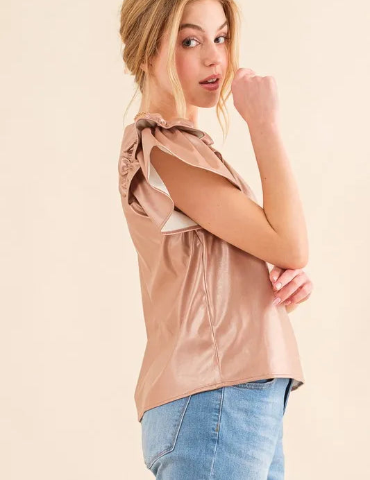 And The Why Faux Leather Ruffle Sleeves V Neck Top | Tops Daverri Fashions