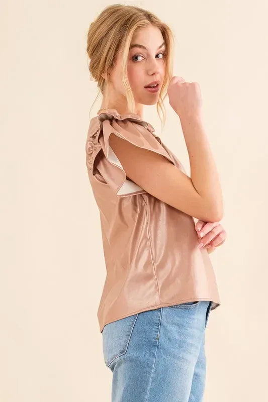 And The Why Faux Leather Ruffle Sleeves V Neck Top - DAVERRI FASHIONS