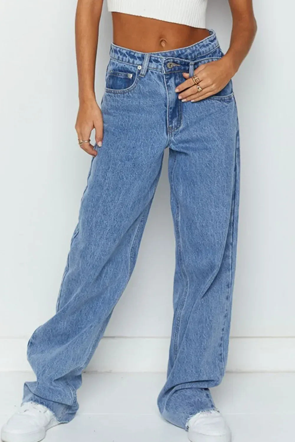Mid Rise Asymmetrical Waist Wide Leg Jeans - DAVERRI FASHIONS