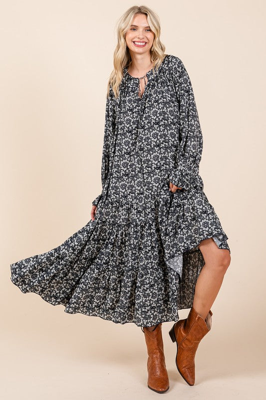 Mittoshop Printed Tie Neck Flounce Sleeve Midi Dress Mid Dresses