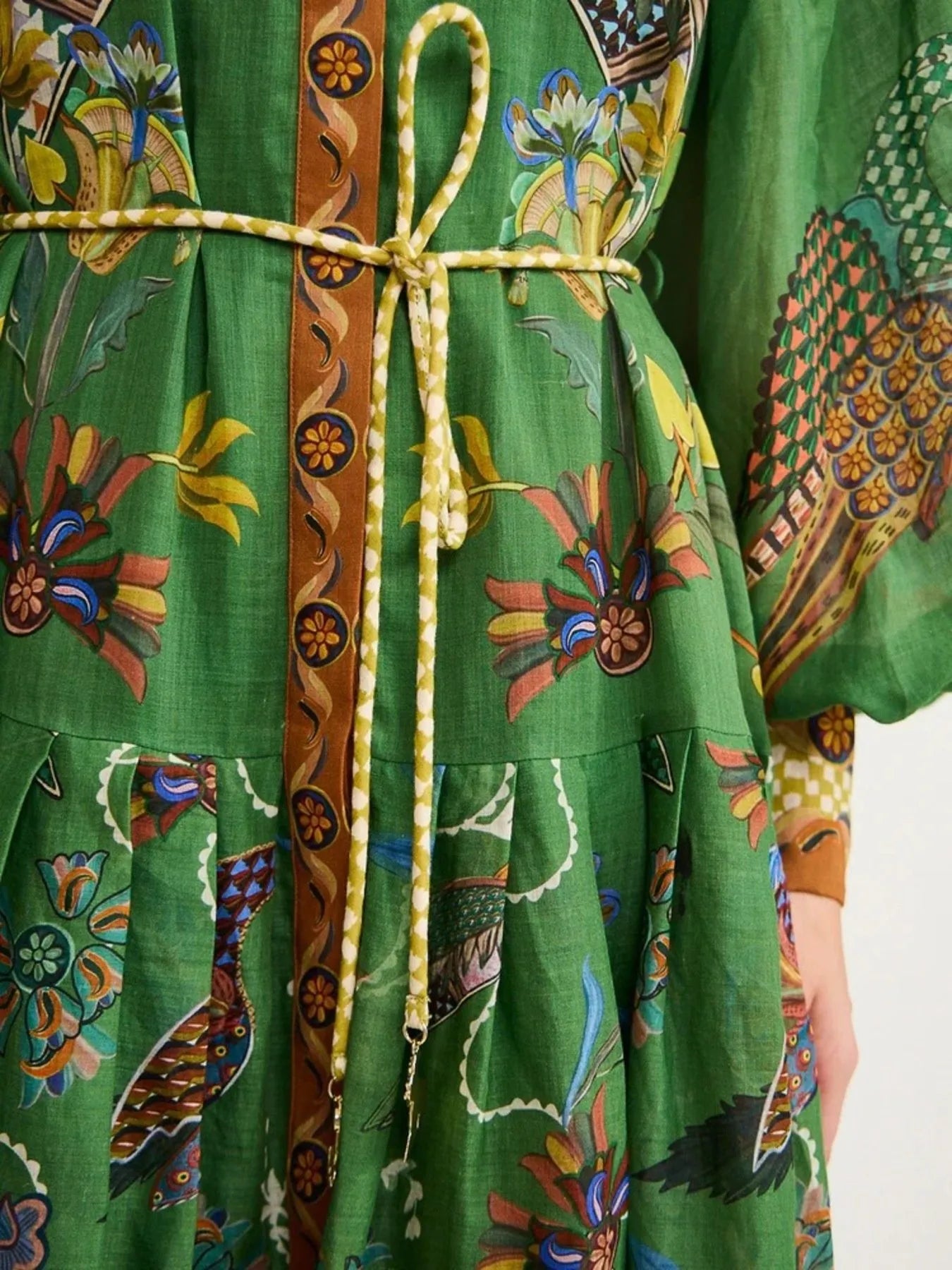 Green Floral Print Silk Kimono with Brown Belt and Yellow Rope Tie