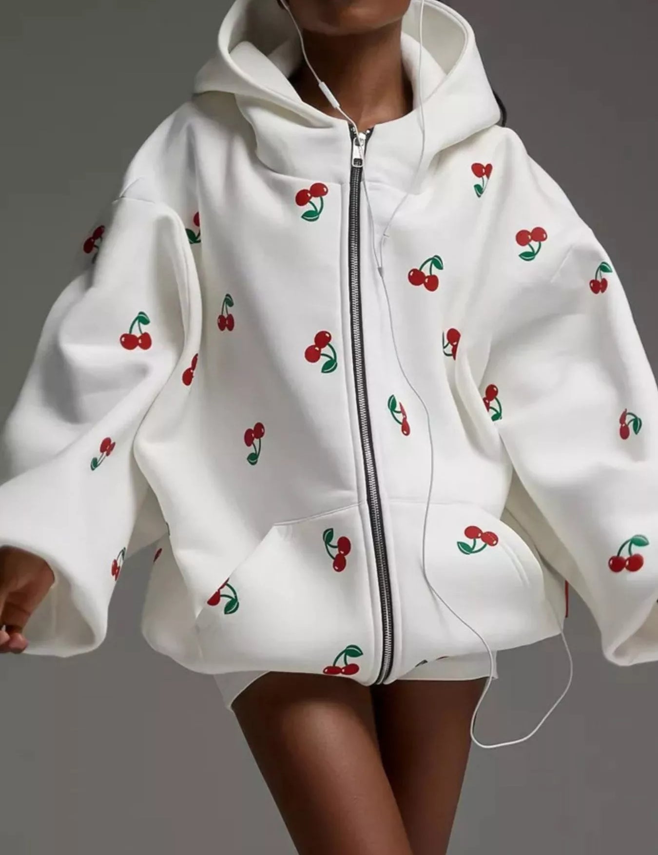 White Cherry Print Oversized Zip-Up Hoodie | Hoodies Daverri Fashions