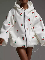 White Cherry Print Oversized Zip-Up Hoodie | Hoodies Daverri Fashions