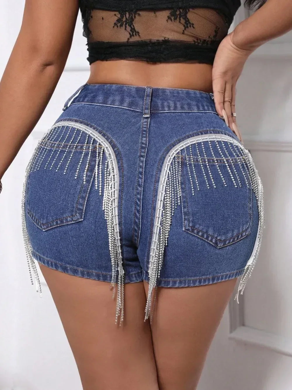 Fringe Back Denim Shorts with Pockets - DAVERRI FASHIONS