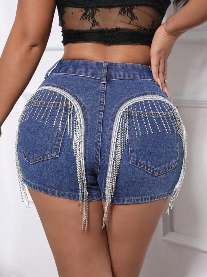 Fringe Back Denim Shorts with Pockets | Shorts Daverri Fashions