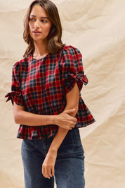 SO ME Christmas Holiday Plaid Ribbon Short Sleeves Top | Blouses Daverri Fashions