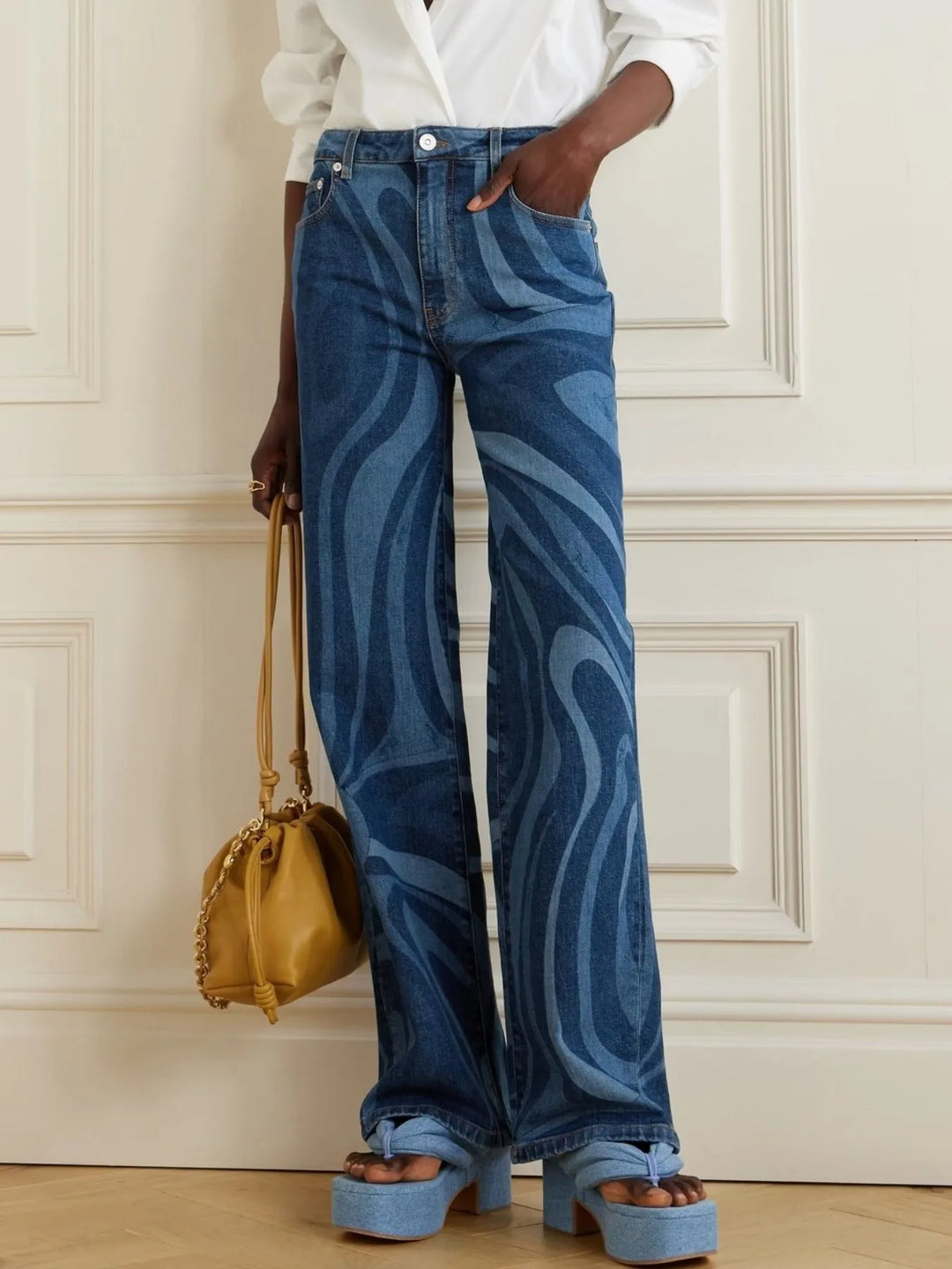 Water Ripples Print Wide Leg Jeans | Jeans Daverri Fashions