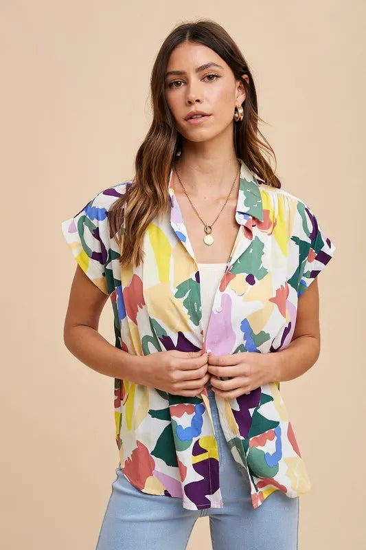 Annie Wear Multi Color Button Down Pleated Shoulder Top FOREST MULTI
