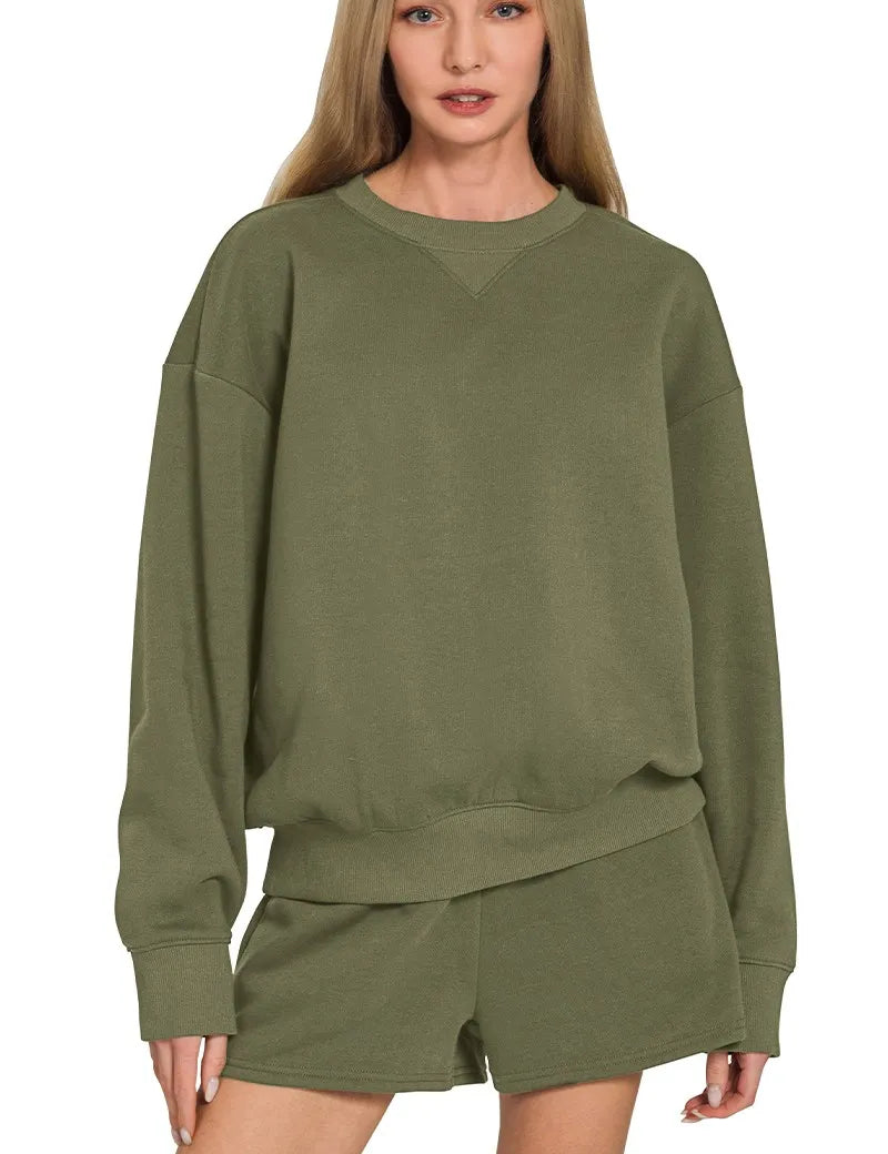 DK OLIVE Zenana Fleece Long Sleeve Sweatshirts & Shorts Set | Daverri Fashions